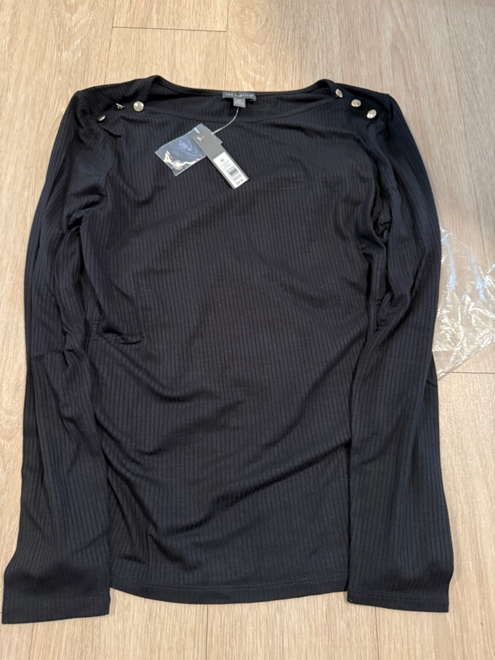 The Limited Chic Black Ribbed Long Sleeve Top with Shoulder Buttons
